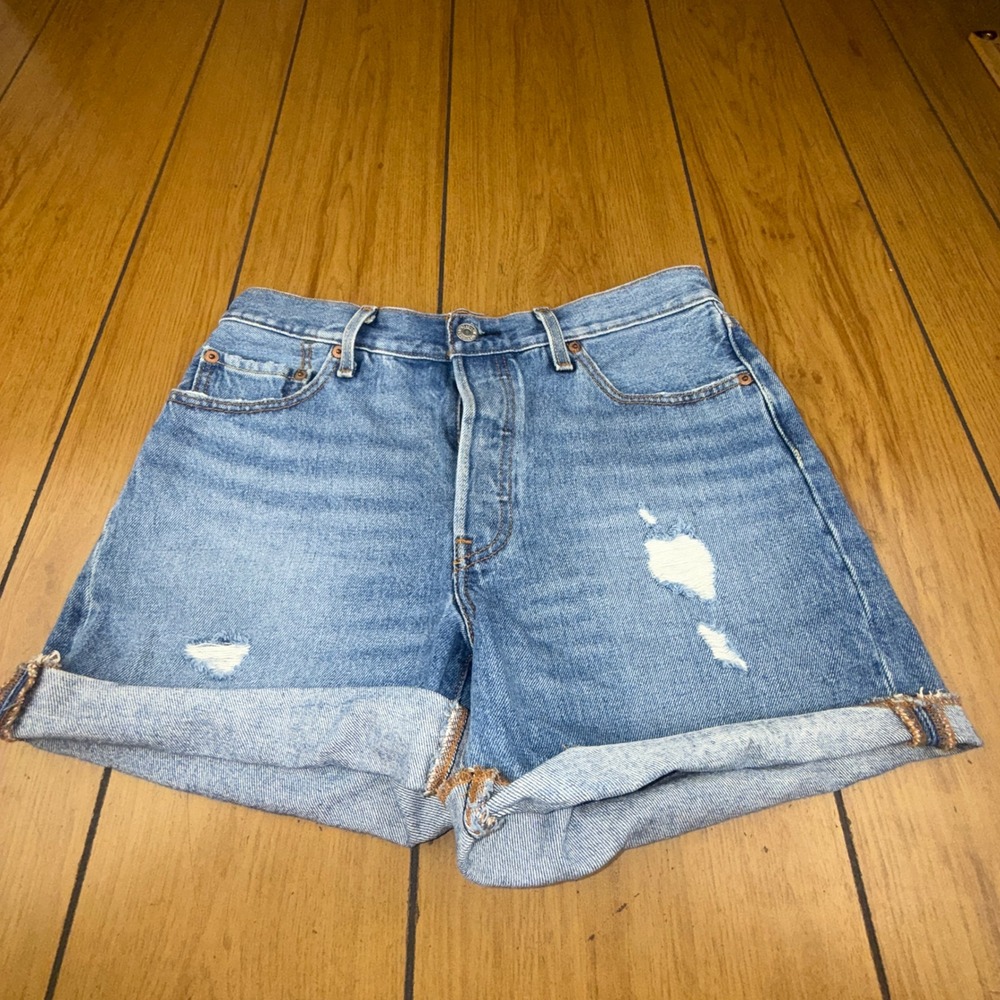 Levi Strauss 501 Denim Shorts Women's W28 Distressed Cuffed Blue Jean Cutoffs‎